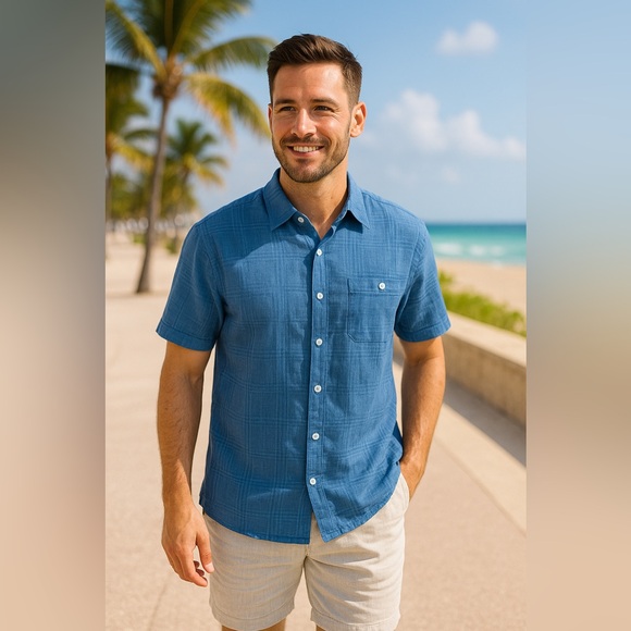 Tommy Bahama Other - Tommy Bahama 100% Linen Textured Short Sleeve Button-Up Shirt M Resort Classic